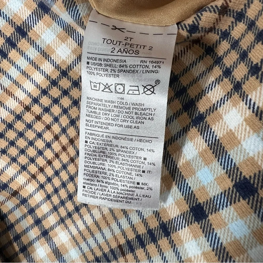 Janie and Jack Girls Size 2T Tan Plaid Cape Brown Velvet Trim Gold Buttons
